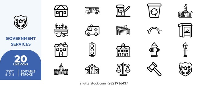 Courthouse, police badge, fire hydrant, ambulance, recycling bin, traffic light, city hall, jail, library, school, park bench, bridge, streetlight, gavel, scales, shield, and and document for municipal and public service applications.
