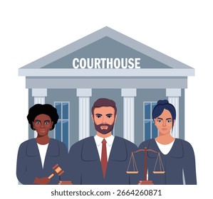 Concepto de los trabajadores del juzgado. Funcionarios inteligentes en el edificio del gobierno y empleados. La construcción de un tribunal, una institución pública. Comunidad Democrática.