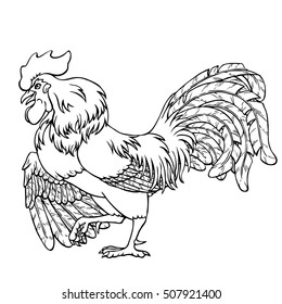 Courting rooster black contour line on white background. Fiery cock, chicken a symbol of the Chinese new year 2017. Vector illustration. Vintage.