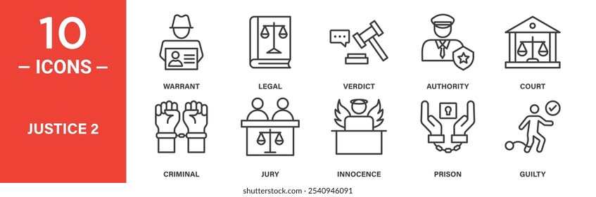 Ícones da sala de audiências e da justiça criminal definidos