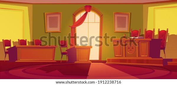 Courtroom empty interior with wooden desk\
with scales and wood gavel, chairs, arch window with red curtain\
and places for judge, defendant and plaintiff. Trial court room,\
Cartoon vector\
illustration