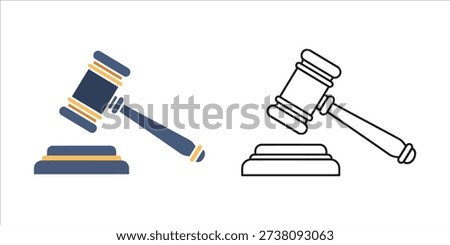 A courtroom gavel depicted in solid and linear versions, symbolizing law enforcement, verdict decisions, and judicial power.