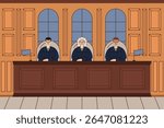 Courtroom illustration featuring three judges seated behind a large desk, symbolizing justice, authority, and legal decision-making.
