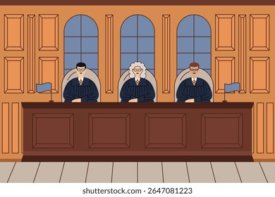 Ilustração do tribunal apresentando três juízes sentados atrás de uma grande mesa, simbolizando justiça, autoridade e tomada de decisões legais.