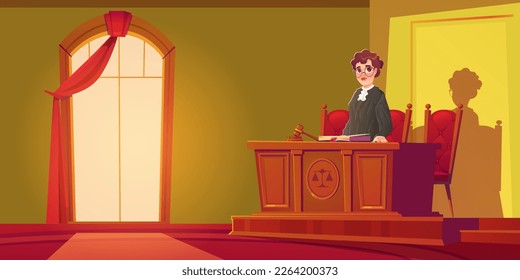 Courtroom interior with female judge standing and holding hammer cartoon background. Vector wood table and red chair furniture near window with curtain in courthouse interior design scene for justice