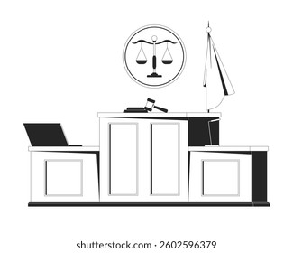Courtroom interior with judge bench outline illustration. Legal trial. Judicial furniture. Justice scale emblem, gavel, lawyer desk 2D line scene isolated on white. Monochrome vector ink linear image