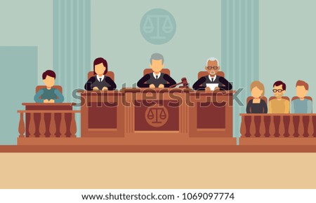 Courtroom interior with judges and lawyer. Justice and law vector concept. Justice and lawyer, court and jury illustration