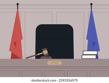 Courtroom with a judge seat highlighting the serene readiness of judicial proceedings in a modern legal environment