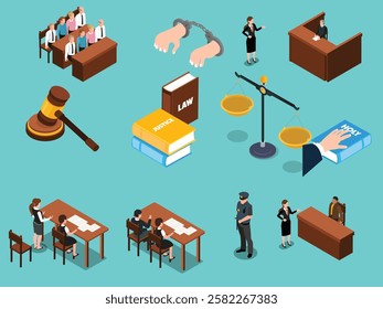 Courtroom Justice System with Jury, Judge, Lawyer, and Legal Symbols 3d isometric vector illustration