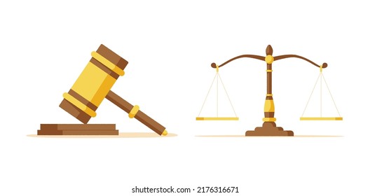 Courtroom objects. Set Justice. Gavel and scale. Icon, clipart for website, application about court, law, advocacy, court decisions. Vector flat panel illustration, cartoon style.