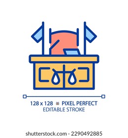 Courtroom pixel perfect RGB color icon. Place for trials conducting. Judgement institution. Law regulation system. Isolated vector illustration. Simple filled line drawing. Editable stroke