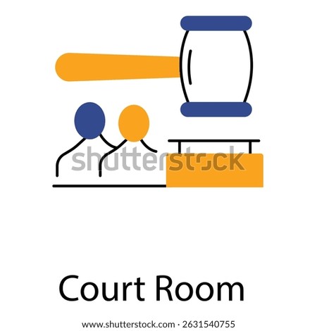 Courtroom Scene with Judge, Gavel, and Scales vector icon design