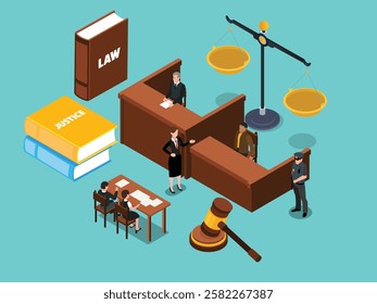 Courtroom Scene with Judge, Lawyer, and Justice Symbols 3d isometric vector illustration