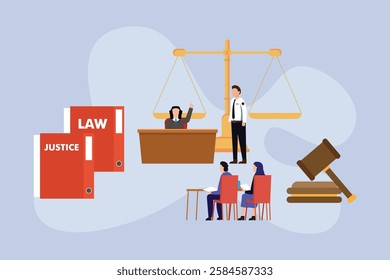 Courtroom Scene – Justice, Law, and Legal System 2d flat vector illustrations