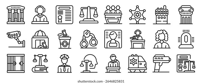  Conjunto de ícones de segurança do tribunal. Manutenção da ordem, garantia da justiça e proteção das comunidades por meio de atividades de aplicação da lei, processos legais e tribunais