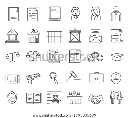courts and laws outline icon set on white background. 