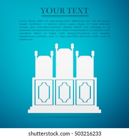 Courts room with table, chairs flat icon on blue background. Vector Illustration