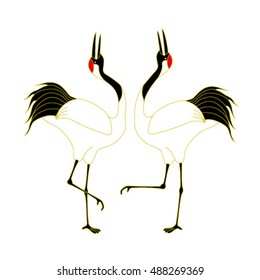 courtship dancing brace of red-crested white cranes, isolated on white background.