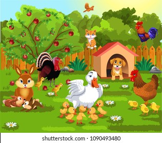 courtyard with farm animals and their babies