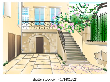 Courtyard and flowering branch. Vector illustration
