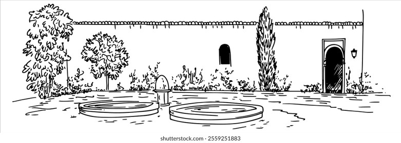 courtyard in Granada with a Moorish-style fountain hand drawing doodle hatching vector sketch