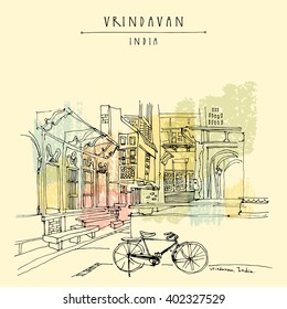 A courtyard in the holy city of Vrindavan, India. Sacred Krishna place. Vintage hand drawn postcard template. Vector illustration