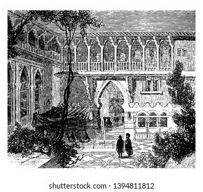 Courtyard of a House, an antique structure, large houses often have small courtyards, an example of such a house, vintage line drawing or engraving illustration.