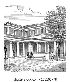 Courtyard of a Roman House, vintage engraved illustration. Industrial Encyclopedia - E.O. Lami - 1875
