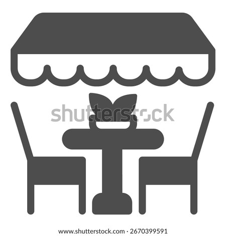 Courtyard table with chairs and roof solid icon, spring season concept. Vector graphics. Open air cafeteria, restaurant sign on white background, glyph style icon for mobile or web design