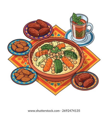 Couscous dish with dates almonds and tea represents a traditional meal often associated with North African and Middle Eastern cultures especially during Ramadan and Iftar celebrations showcasing a he