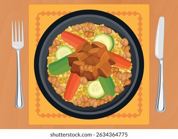 Couscous food with meat and vegetables on a plate top view vector illustration. Couscous or bulgur with meat, zucchini, carrot and chickpeas on a wooden table above view vector