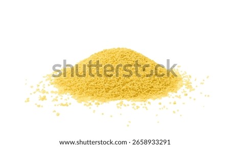 Couscous pile, dry cuscus, raw kuskus, uncooked cous cous or semolina granules on white background, vector illustration