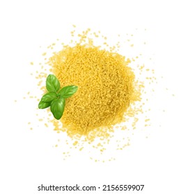 Couscous pile isolated. Dry cuscus, raw kuskus, uncooked cous cous on white background top view, semolina granules vector illustration