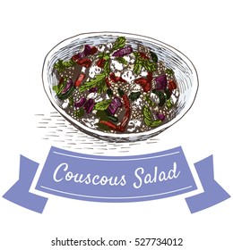 Couscous salad colorful illustration. Vector illustration of israeli cuisine.