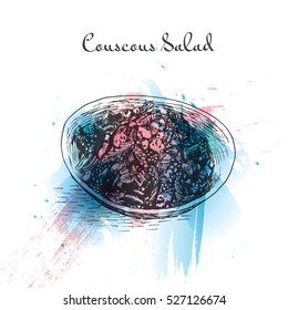 Couscous salad watercolor effect illustration. Vector illustration of Israeli cuisine.