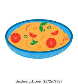 Couscous with tomatoes and pepper. Traditional Middle Eastern vegetarian food. Hand drawn vector illustration