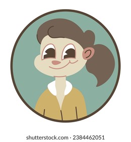Cousin portrait or avatar, isolated girl with ponytail and smile on face. Icon for family tree or social media. Young teenager or woman image in rounded frame. Vector in flat style illustration