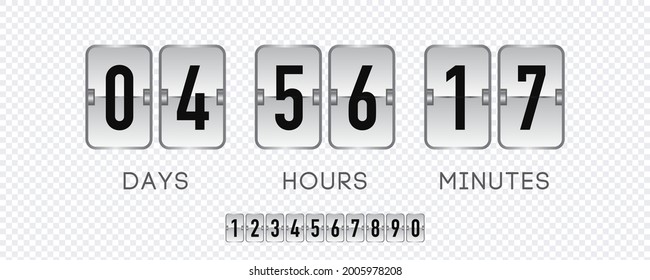 Coutdown timer flip board with scoreboard of days, hours, minutes. Time remaining sale template realistic style isolated on transparent background- web page upcoming event vector. 10 eps