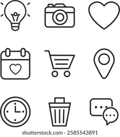 coutline icon set lightbulb, camera, heart, calendar, shopping cart, location pin, clock, trash can, speech bubble