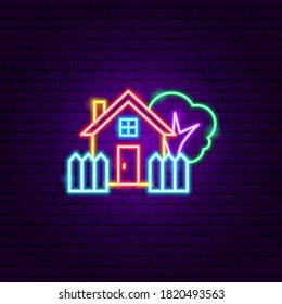 Cartel de Neon de la casa rural. Ilustración vectorial de la promoción de edificios.