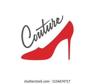 Couture logo design. Vector sign lettering with red shoe on hill. Logotype calligraphy