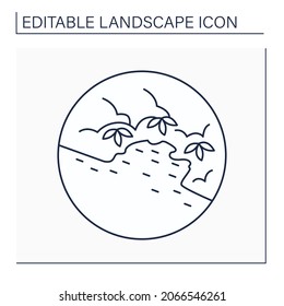 Cove line icon. Small indentation or recess in the shoreline of a sea, lake, or river.Landscape concept.Isolated vector illustration. Editable stroke