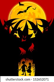 coven on red black background, vector illustration