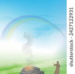 Covenant of the Rainbow. Noah. Biblical illustration. Genesis 9:13-14 I set My rainbow in the clouds, and it shall be a sign of a covenant between Me and the earth.Bible series. Illustration for Bible