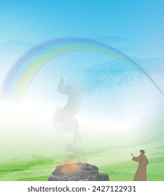 Covenant of the Rainbow. Noah. Biblical illustration. Genesis 9:13-14 I set My rainbow in the clouds, and it shall be a sign of a covenant between Me and the earth.Bible series. Illustration for Bible