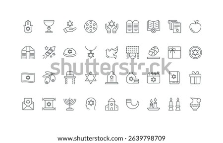 Covenant tablets, meals and gift of religious holidays, kippah thin black outline symbols vector illustration. Jewish religion, Judaism, prayer in synagogue, flag of Israel line icon set.