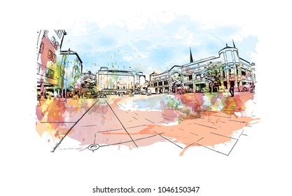 Coventry City in England, UK. Watercolor splash with Hand drawn sketch illustration in vector.