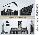 Coventry landmarks and monuments isolated on blue background in editable vector file