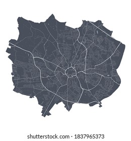 Mapa de Coventry. Mapa vectorial detallado del área administrativa de la ciudad de Coventry. Vista de la aria metropolitana de Cityscape poster. Tierra oscura con calles blancas, caminos y avenidas. Fondo blanco.