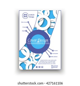 Cubierta A4 Anillos blancos Sombra Fondo azul claro Ejemplos de texto, logotipo, Ilustración vectorial de íconos Composición Abstractas Informe de la cubierta. Creative Book Geometric Title sheet Diseño de Plantilla de folleto Póster 